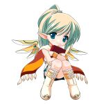  1girl 2000s_(style) bangs blue_eyes blue_wings book book_hug boots bracer chibi closed_mouth dress eiry eyes_visible_through_hair full_body fur-trimmed_boots fur_trim holding holding_book jewelry knee_boots knees_together_feet_apart light_green_hair long_hair looking_at_viewer mabinogi multicolored_wings neck_ring object_hug pointy_ears ponytail shinjou_satomi short_dress side_slit simple_background smile solo split_mouth tassel tiara white_background white_dress white_footwear white_wings wings yellow_wings 