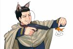  1boy aiming animal_ears animalization black_eyes black_hair blue_jacket cape cat_ears collared_jacket facial_hair fish golden_kamuy goldfish gun hair_slicked_back hanazawa_yusaku hat highres holding holding_gun holding_weapon hood hooded_cape imperial_japanese_army jacket kemonomimi_mode kepi long_sleeves military military_hat military_uniform mini_hat ogata_hyakunosuke scar scar_on_cheek scar_on_face short_hair songyeerhu stubble translation_request undercut uniform upper_body weapon 