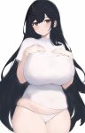  1girl ai-assisted black_hair blush breasts brown_eyes fat hands_on_own_chest head_tilt highres large_breasts long_hair looking_at_viewer md5_mismatch original panties shirt standing t-shirt underwear white_panties white_shirt 