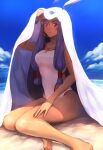  1girl absurdres barefoot dark-skinned_female dark_skin fate/grand_order fate_(series) highres long_hair looking_at_viewer nitocris_(fate) nitocris_(swimsuit_assassin)_(second_ascension)_(fate) one-piece_swimsuit purple_eyes purple_hair sixiland solo swimsuit 