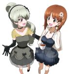  2girls anchovy_(girls_und_panzer) black_gloves blue_dress blush breasts brown_eyes brown_hair cleavage cup dress elbow_gloves flower girls_und_panzer gloves green_dress green_hair hair_flower hair_ornament kayabakoro long_hair looking_at_another medium_breasts mug multiple_girls nishizumi_miho open_mouth ponytail red_eyes short_hair simple_background smile white_background white_gloves 