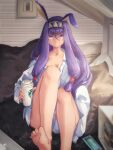  1girl barefoot breasts cellphone cleavage coffee_cup cup disposable_cup epic_-_trolly fate/grand_order fate_(series) feet highres looking_at_viewer nitocris_(fate) phone procreate_(medium) purple_eyes purple_hair soles solo starbucks toes 