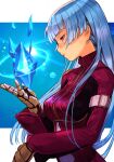  1girl bangs blue_hair blunt_bangs bodysuit breasts gloves half-closed_eyes hand_up high_collar hungry_clicker ice kula_diamond long_hair long_sleeves medium_breasts parted_lips purple_bodysuit purple_eyes solo the_king_of_fighters the_king_of_fighters_xv upper_body yellow_gloves 