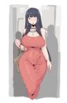  1girl absurdres bag bangs black_hair blunt_bangs breasts brown_dress dress grey_eyes handbag highres hime_cut hyuuga_hinata konohagakure_symbol large_breasts leebo_(leeboxxx) long_hair looking_at_viewer mature_female naruto_(series) one_eye_closed solo 