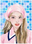  1girl bandana blonde_hair commentary freckles gold_choker highres jacket k-pop long_hair looking_to_the_side ma_xiao_ya nayeon_(twice) open_mouth pink_bandana pink_jacket portrait real_life realistic solo symbol-only_commentary tile_wall tiles tongue tongue_out twice_(group) 