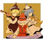  3girls bambootea bangs black_headwear black_skirt black_vest blonde_hair blue_hair closed_eyes closed_mouth crescent crescent_hat_ornament grey_hair hair_between_eyes hat hat_ornament highres holding holding_instrument instrument keyboard_(instrument) long_sleeves lunasa_prismriver lyrica_prismriver merlin_prismriver multiple_girls music open_mouth playing_instrument red_headwear red_skirt red_vest shirt short_hair siblings sisters skirt smile star_(symbol) star_hat_ornament touhou trumpet vest violin white_headwear white_shirt white_skirt white_vest 