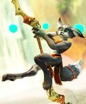  absurd_res accessory anthro blender_(software) blizzard_entertainment canid canine clothed clothing dancing female furgonomics hi_res mammal melee_weapon orbs partially_clothed pinup pole pole_dancing polearm pose reyonoid sekna solo tail tail_accessory tailband vulpera warcraft waterfall weapon 