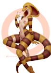  anthro blue_eyes blush breasts eyewear female fora glasses hi_res looking_at_viewer markings nipples reptile scales scalie signature simple_background snake snake_hood solo w4g4 yellow_body 