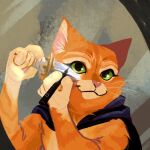  2023 anthro cape clothing dagger domestic_cat dreamworks eyeliner felid feline felis fur green_eyes hi_res holding_object holding_weapon looking_at_viewer makeup male mammal melee_weapon mirror orange_body orange_fur pink_nose puss_in_boots_(dreamworks) puss_in_boots_the_last_wish reflection sand_n_sky simple_background smile smiling_at_viewer solo weapon whiskers white_body white_fur 