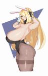  1girl absurdres animal_ears armpits ass black_leotard blonde_hair breasts cynthia_(pokemon) fake_animal_ears fake_tail hair_over_one_eye highres huge_ass huge_breasts leebo_(leeboxxx) leotard long_hair looking_at_viewer pantyhose playboy_bunny pointy_breasts pokemon pokemon_(game) pokemon_dppt rabbit_ears rabbit_tail sideboob sideways_glance simple_background solo strapless strapless_leotard tail white_background 