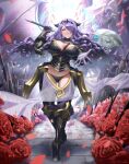  1girl armor ass_visible_through_thighs axe black_armor black_panties blush bodice breasts burnt_green_tea camilla_(fire_emblem) cleavage dragon fire_emblem fire_emblem_fates gloves groin hair_over_one_eye highres large_breasts lips long_hair looking_at_viewer open_mouth panties purple_eyes purple_hair smile solo thighs tiara underwear very_long_hair wavy_hair wyvern 