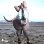  1:1 3d_(artwork) anthro beach belly big_breasts big_butt bikini blonde_hair breasts butt clothing daz3d digital_media_(artwork) elderly_female female hair hands_behind_back hi_res legwear looking_at_viewer lowhangingfruit3d mammal marianne_(lhf3d) mature_anthro mature_female navel obese obese_anthro obese_female old overweight overweight_anthro overweight_female pinup pose rodent seaside solo standing swimwear thick_thighs thigh_highs wide_hips 