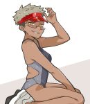  1girl commentary_request competition_swimsuit dark-skinned_female dark_skin freckles glasses grey_hair grin highleg highleg_swimsuit highres kurozu_(crozu) one-piece_swimsuit original seiza shoes short_hair sitting smile sneakers solo swimsuit two-tone_swimsuit very_short_hair visor_cap yellow_eyes 