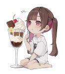  1girl :t bandaid bandaid_on_leg bangs bare_legs barefoot between_legs blunt_bangs blush brown_hair commentary_request daluto_(hitomi555) ear_piercing eating eyelashes food fork full_body full_mouth hand_between_legs highres holding holding_fork ice_cream long_hair mole mole_under_eye multicolored_hair original parfait piercing pink_hair purple_eyes shirt short_sleeves sidelocks simple_background sitting solo sweat translation_request twintails two-tone_hair wariza white_background white_shirt 