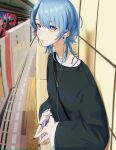  1girl blue_eyes blue_hair blue_nails casual earphones earrings highres hololive hoshimachi_suisei jewelry kenshuusei_(kensuuu0225) looking_at_viewer nail_polish necklace official_alternate_hair_length official_alternate_hairstyle ring short_hair solo sweater upper_body virtual_youtuber 