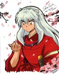  animal_ears cherry_blossoms dianavigo dianvigo dog_ears inuyasha inuyasha_(character) looking_at_hand red_robe robe signature tree_branches white_background white_hair 