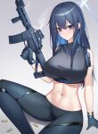  1girl absurdres arm_support bare_arms bare_shoulders black_gloves black_pants black_shirt blue_archive blue_eyes blue_hair breasts chun_bae commentary_request crop_top gloves grey_background gun highres holding holding_gun holding_weapon large_breasts leggings long_hair looking_at_viewer midriff navel no_headwear pants rifle saori_(blue_archive) shell_casing shirt sitting sleeveless sleeveless_shirt solo stomach thighs very_long_hair weapon 