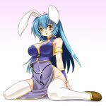  1girl animal_ears armlet avatar_(mabinogi) bangs bare_shoulders blue_hair breasts brown_footwear covered_navel dress fake_animal_ears full_body hair_between_eyes hairband large_breasts long_hair mabinogi no_panties open_mouth pelvic_curtain rabbit_ears shinjou_satomi shoes side_slit sitting sleeveless sleeveless_dress solo star_(symbol) thighhighs white_hairband white_thighhighs yellow_eyes 