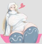 1girl blonde_hair blue_thighhighs cleft_of_venus covered_nipples fur_collar fur_hat hat highres leebo_(leeboxxx) leotard long_hair looking_at_viewer melony_(pokemon) pokemon pokemon_(game) pokemon_swsh solo sweater thighhighs white_leotard white_sweater zettai_ryouiki 