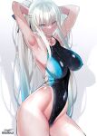  1girl absurdres armpits arms_behind_head arms_up bangs bare_shoulders black_bow black_one-piece_swimsuit blue_eyes blue_one-piece_swimsuit blush bow braid breasts collarbone covered_navel fate/grand_order fate_(series) french_braid grey_hair hair_bow highleg highleg_swimsuit highres large_breasts long_hair looking_at_viewer morgan_le_fay_(fate) one-piece_swimsuit ponytail sanazura_hiroyuki sidelocks smile solo swimsuit thighs two-tone_swimsuit very_long_hair wet white_background 