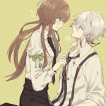  1boy 1girl black_necktie brown_hair collar_x_malice facing_to_the_side green_background green_eyes grey_hair hetero hokka_hokka hoshino_ichika_(collar_x_malice) long_hair looking_at_another multicolored_hair necktie necktie_grab neckwear_grab okazaki_kei purple_eyes shirt short_hair white_hair white_shirt 