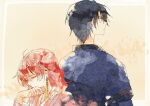  0819_chii 1boy 1girl akatsuki_no_yona back-to-back black_eyes black_hair blue_shirt closed_eyes closed_mouth hak_(akatsuki_no_yona) highres korean_clothes long_sleeves red_hair shirt short_hair sketch white_background yona_(akatsuki_no_yona) 