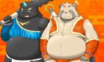  2023 angry anthro asian_clothing belly big_belly black_body brown_body canid canine clothing duo east_asian_clothing fundoshi hi_res horn humanoid_hands japanese_clothing kemono male mammal orange_clothing orange_fundoshi orange_underwear overweight overweight_male raccoon_dog setsubun tai_tanuki tanuki underwear weapon white_clothing white_fundoshi white_underwear 