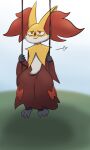  1:1 3_toes anonymous_artist anthro big_nose black_body black_fur cloudscape delphox feet female fingers fluffy fur generation_6_pokemon grass happy hi_res inner_ear_fluff looking_up mammal mature_anthro mature_female multicolored_body multicolored_fur narrowed_eyes nintendo old outside plant pokemon pokemon_(species) red_body red_fur riding_toy scenery shadow simple_background sitting sky smile solo swing_set toes toy tuft white_body white_fur yellow_body yellow_fur 