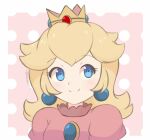  1girl bangs blonde_hair blue_eyes brooch chocomiru closed_mouth crown dress earrings gloves jewelry long_dress long_hair mario_(series) non-web_source pink_dress polka_dot polka_dot_background princess_peach smile solo white_gloves 