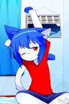  2017 4_fingers ahoge amber_eyes anthro arm_above_head artist_logo bed bedding bedroom black_claws black_nose blue_body blue_bottomwear blue_clothing blue_curtains blue_ears blue_fur blue_hair blue_shorts blue_tail blush blush_lines bottomwear calendar claws clothed clothing crossed_legs curtains detailed_background devil-vox devy_(devil-vox) digital_drawing_(artwork) digital_media_(artwork) domestic_cat felid feline felis finger_claws fingers fur furniture hair inside kemono logo lotus_pose male mammal monotone_ears monotone_hair multicolored_body multicolored_fur notched_ear one_eye_closed raised_tail red_clothing red_shirt red_t-shirt red_topwear shirt shorts signature sitting solo stretching t-shirt tail topwear two_tone_body two_tone_fur two_tone_tail white_body white_fur white_tail window young 