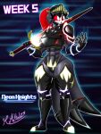  abs absurd_res anthro armor avian big_breasts bird breasts demon female glowing glowing_eyes helluva_boss hi_res knight melee_weapon mrmelted neon_lights octavia_(helluva_boss) owl solo sword thick_thighs warrior weapon 