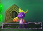  128:93 2021 activision claws dialogue dragon english_text half-closed_eyes horn inside male narrowed_eyes purple_body purple_eyes quadruped semi-anthro solo spyro spyro_the_dragon swiftglimmer tail text wings 