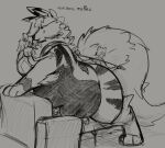  2022 after_kiss anthro arcanine artist_name belly big_belly big_tail black_and_white blush bodily_fluids chest_fur digital_media_(artwork) drooling ears_down eyes_closed face_in_belly feral furniture generation_1_pokemon group hand_on_back hi_res holding_partner lying lying_on_another lying_on_sofa monochrome narrowed_eyes nintendo on_front on_sofa open_mouth pivoted_ears pokemon pokemon_(species) raster_dreams saliva signature size_difference smile sofa spiral_eyes suprised_look tail tape_measure 
