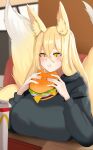  1girl absurdres alternate_costume animal_ear_fluff animal_ears blush breast_rest breasts breasts_on_table burger eating food fox_ears fox_girl fox_tail hair_between_eyes highres hirume_of_heavenly_incense hood hoodie huge_breasts kitsune last_origin long_hair minji_(jimin10804) multiple_tails slit_pupils tail very_long_hair 