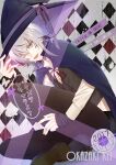  1boy 2017 absurdres collar_x_malice dated fang halloween halloween_costume hat highres looking_at_viewer male_focus momo_0602 multicolored_hair okazaki_kei one_eye_closed open_mouth purple_eyes purple_hair short_hair solo translation_request trick_or_treat white_hair witch_hat 