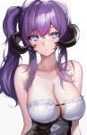  1girl au_ra avatar_(ff14) bangs bare_shoulders blue_eyes blush breasts cleavage commission cyobiro dragon_girl dragon_horns final_fantasy final_fantasy_xiv highres horns large_breasts long_hair looking_at_viewer purple_hair second-party_source side_ponytail sidelocks skeb_commission solo upper_body white_background 