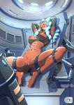  1girl abs absurdres ahsoka_tano arms_behind_head bad_source bdsm blue_eyes bondage bound bound_legs bound_wrists completely_nude gag guaky highres nipples nude pussy solo spread_legs star_wars togruta 