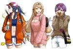  3girls alternate_costume alternate_hairstyle bag bangs baseball_cap bernadetta_von_varley black_eyes blonde_hair blue_hair blue_tank_top brown_sweater candy character_name cleavage_cutout clothing_cutout commentary contemporary covering_mouth crossover cup dr._slump dragon_ball english_commentary ephraim_(fire_emblem) eyewear_on_head falchion_(fire_emblem) fire_emblem fire_emblem:_three_houses fire_emblem_awakening flying_nimbus food hat highres holding holding_cup jewelry lollipop long_hair long_sleeves lucina_(fire_emblem) maze_draws midriff mug multiple_girls mythra_(xenoblade) navel necklace norimaki_arale orange_eyes pants pink_sweater ponytail profile purple_hair short_hair shorts simple_background sunglasses sweater swept_bangs sword sword_on_back tank_top twitter_username weapon weapon_on_back white_background white_pants white_shorts xenoblade_chronicles_(series) xenoblade_chronicles_2 
