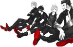  4boys boots commentary_request crossed_arms ebira final_fantasy final_fantasy_xv freckles gladiolus_amicitia glasses hair_over_one_eye ignis_scientia jacket male_focus monochrome multiple_boys noctis_lucis_caelum prompto_argentum scar scar_across_eye sitting sleeveless smile soles spiked_hair spot_color tattoo vest 
