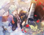  1boy black_jacket black_necktie blue_hair collar_x_malice collared_shirt flower instrument jacket kkxmxx leaf light_blue_hair long_sleeves looking_at_viewer male_child male_focus messy_hair necktie piano puddle red_eyes sasazuka_takeru sheet_music shirt short_hair solo violin white_flower white_shirt 