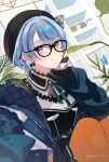  1girl belt beret black_dress black_headwear blue_eyes blue_hair bow bowtie breast_pocket closed_mouth collared_dress dress earrings feet_out_of_frame gim_(gim-gim-3919) glasses glint green_jacket hat highres hololive hoshimachi_suisei jacket jewelry looking_at_viewer open_clothes open_jacket orange_pantyhose pantyhose plant pocket selfie shelf short_hair sleeves_past_wrists smile solo squatting star_(symbol) star_in_eye symbol_in_eye twitter_username virtual_youtuber 