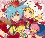 amitie_(puyopuyo) animal_hat apple blonde_hair blue_eyes blue_hair blush cat_hat food fruit green_eyes hana_(mew) hat hello_kitty_(character) heterochromia looking_at_another looking_at_penis open_mouth puyopuyo red_eyes short_hair sig_(puyopuyo) 