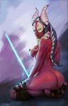  1girl alien ass blue_eyes blue_lightsaber fetfreak highres kneeling looking_at_viewer looking_back nipples shaak_ti solo star_wars togruta 