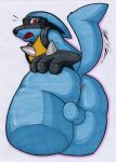  absurd_res anthro balls blue_body blue_fur blush butt butt_focus embarrassed fur generation_4_pokemon genitals hi_res low-angle_view lucario male mammal nintendo pokemon pokemon_(species) red_eyes rotten_owl simple_background solo traditional_media_(artwork) white_background 