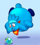  air_inflation ambiguous_gender anthro bandanna blimp_fruit_(super_mario_galaxy_2) blue_arms blue_body blue_fur blue_head_tuft blue_inner_ear blue_legs blue_nose blue_tongue blue_tuft buckteeth cyan_background floating fur generation_8_pokemon happy hi_res inflated_belly inflation kerchief nintendo pokemon pokemon_(species) puffed_cheeks raboot red_eyes rindeadsong simple_background solo teeth tongue 