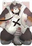  2023 absurd_res anthro balls belly big_belly black_body black_nose blush brown_body canid canine canis clothed clothing collar domestic_dog dumdum erection genitals hi_res kemono leash male mammal moobs nipples overweight overweight_male penis solo white_body 