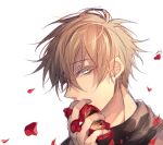  1boy absurdres akazumii black_jacket blonde_hair blue_eyes collar_x_malice flower highres holding holding_flower jacket long_sleeves looking_at_viewer male_focus petals red_flower saeki_yuzuru short_hair solo white_background 