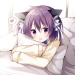  1girl animal_ear_fluff animal_ears bangs bloom blush bow crossed_arms dot_nose hair_between_eyes hair_bow hair_ribbon heart highres himeguri_taruhi light_particles long_sleeves looking_at_viewer lying object_hug on_stomach open_mouth pillow pillow_hug purple_eyes purple_hair ribbon shirt sleeves_past_wrists smile solo spoken_heart takepoison under_covers white_bow white_ribbon yellow_shirt yuki_koi_melt 