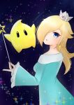  1girl aqua_eyes blonde_hair blue_eyes crown dress earrings hair_over_one_eye holding holding_wand jewelry looking_at_viewer luma_(mario) mario_(series) night night_sky off-shoulder_dress off_shoulder parted_lips rosalina sky sparkle star_(symbol) star_wand super_mario_galaxy tomatomiya wand 