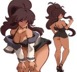  1girl back bangs big_hair black_dress black_jacket breasts brown_hair cleavage collarbone cropped_jacket dress hands_on_own_knees heart heart_necklace high_heels highres jacket jewelry large_breasts leaning_forward looking_at_viewer multiple_views necklace open_clothes open_jacket original ponytail purple_eyes rakeemspoon shaded_face short_dress sketch smile solo teeth thick_thighs thighs white_background 